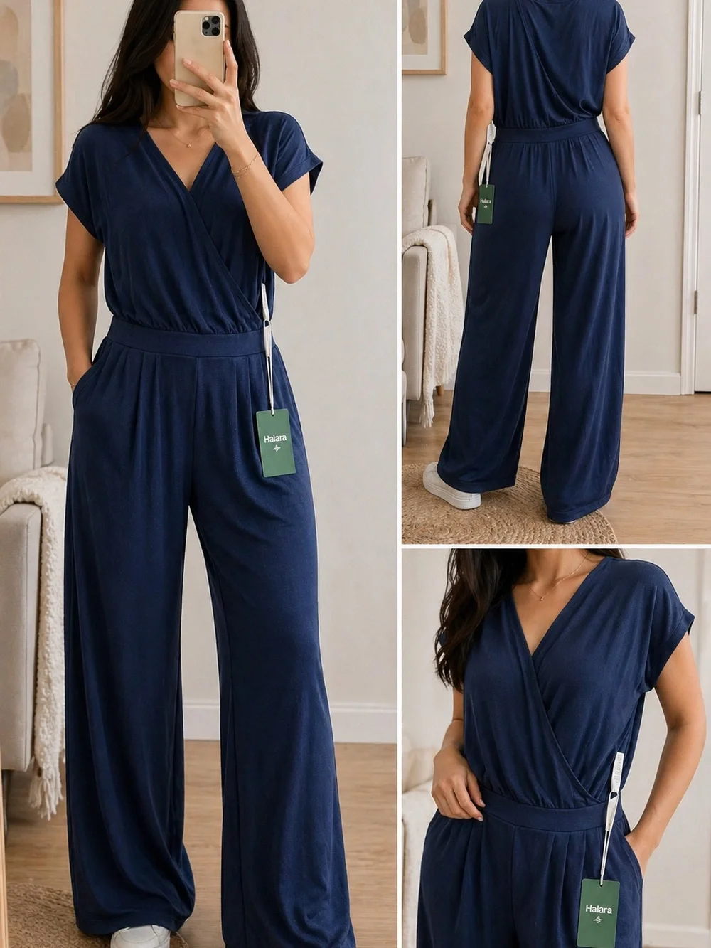 HALARA Navy Wrap-Style Wide-Leg Jumpsuit NEW WITH TAG - Picture 7 of 8